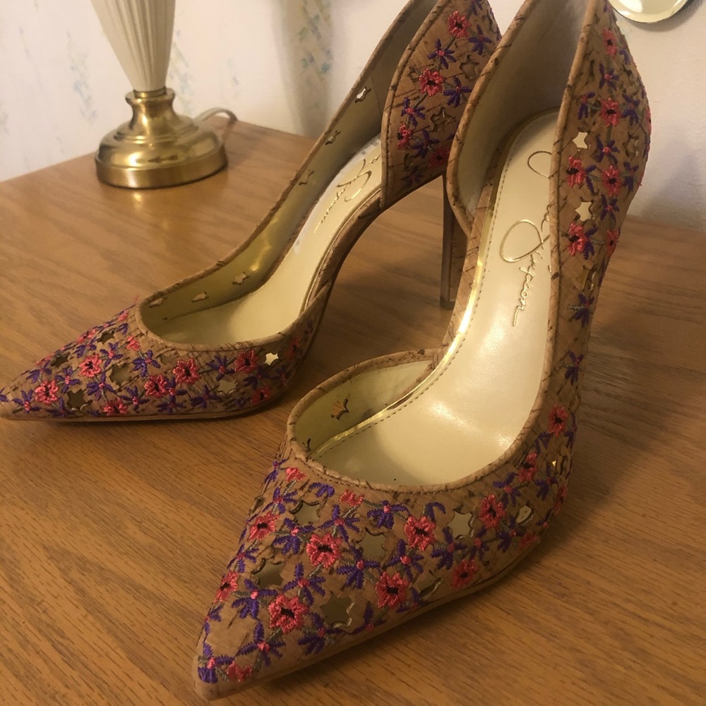 Light brown floral patterned Jessica Simpson heels